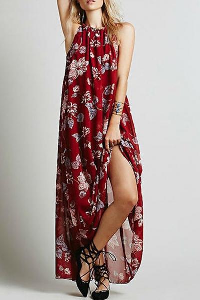 Oasap Floral Print Lace-up Back Halter Maxi Chiffon Dress