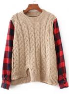 Oasap Round Neck Plaid Sleeve Splicing Sweater