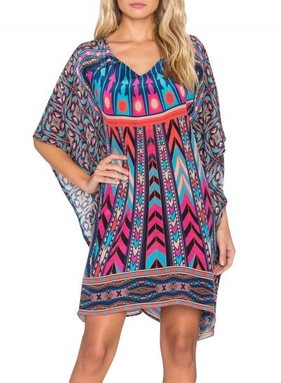 Oasap Women National Wind Print Asymmetric Batwing Sleeve Dress