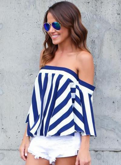 Oasap Fashion Sexy Striped Off The Shoulder Slash Neck Blouse With Zip