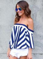 Oasap Fashion Sexy Striped Off The Shoulder Slash Neck Blouse With Zip