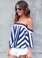 Oasap Fashion Sexy Striped Off The Shoulder Slash Neck Blouse With Zip