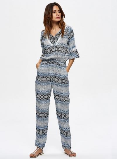 Oasap V Neck Pattern Print Flare Sleeve Jumpsuit