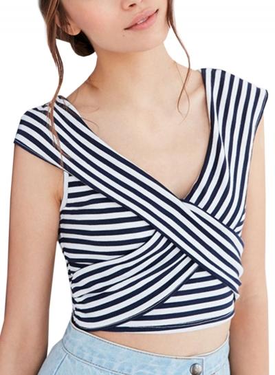 Oasap Women's Color Block Striped Print Faux Wrap Crop Top