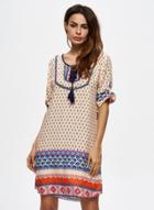 Oasap Pattern Print Half Sleeve Lace Up Dress