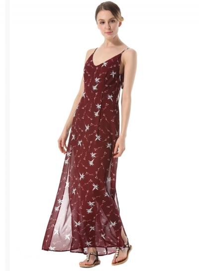 Oasap Floral Printed V Neck Sleeveless Side Slit Maxi Boho Dress