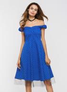 Oasap Polka Dot Slash Neck Mesh Panel Dress