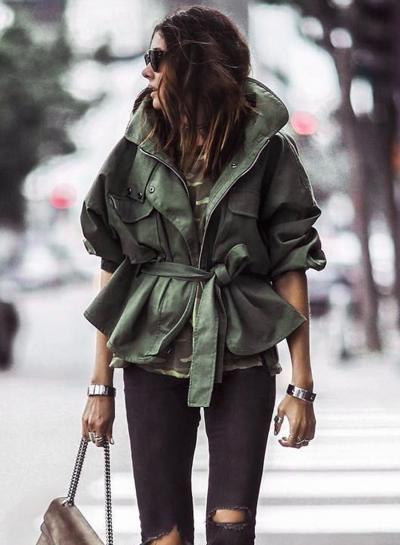 Oasap Solid Color Turn-down Collar Loose Fit Coat With Belt