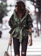 Oasap Solid Color Turn-down Collar Loose Fit Coat With Belt