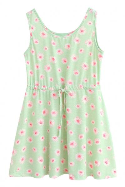 Oasap Milky Green Floral Print Sleeveless Drawstring Mini Dress
