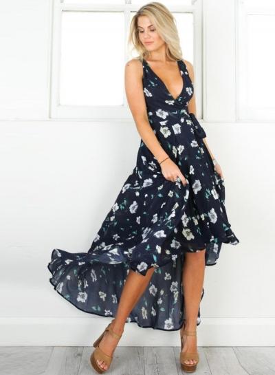 Oasap Deep V Neck Sleeveless Floral Print High Low Dress