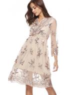 Oasap Fashion Lace Mesh Spicing Long Sleeve V Neck Dress With Sequins