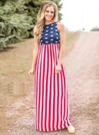 Oasap Sleeveless Usa Flag Printed Maxi Evening Dress