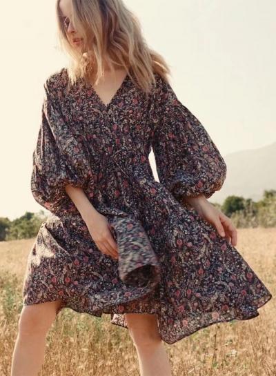 Oasap V Neck Long Sleeve Floral Loose Irregular Dress
