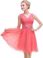 Oasap V Neck Pleated Sleeveless Midi Prom Dress With Rhinestone