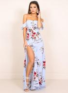 Oasap Strapless Flounce Sleeve Floral Print Maxi Dress
