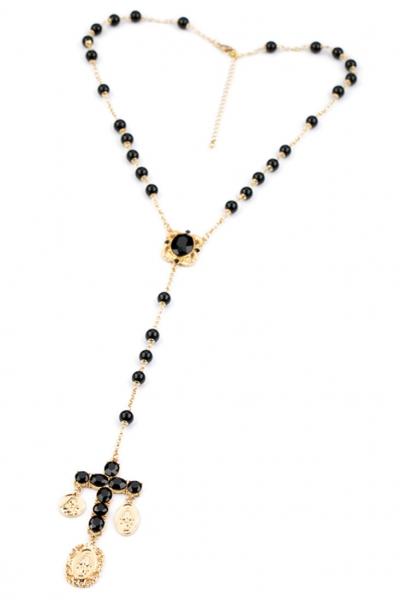 Oasap Black Beaded Cross Pendant Necklace