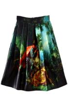 Oasap Vintage Oil Painting High Waist Pleated Midi Skirt