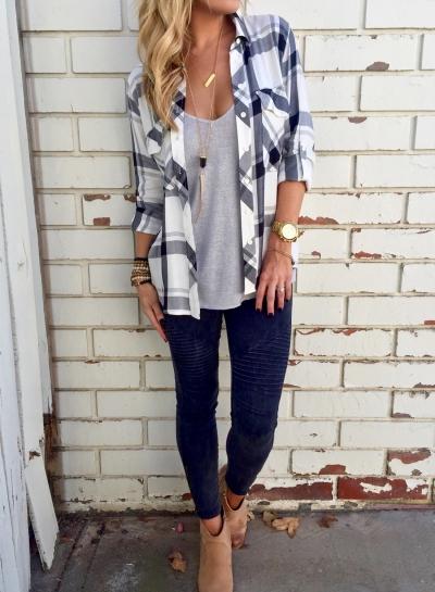 Oasap Casual Loose Fit Plaid Button Down Shirt