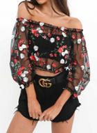 Oasap Off Shoulder Long Sleeve Floral Embroidery Mesh Blouse