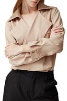 Oasap Women Color Block Stripe Turn Down Collar Wrap Chiffon Blouse