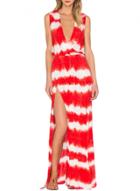 Oasap Women's Deep V Neck High Slit Printed Maxi Boho Dress