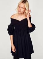 Oasap Solid Off Shoulder Puff Sleeve Dress