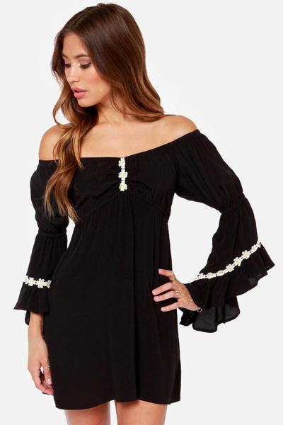 Oasap Colorblocked Floral Embroidery Off-the-shoulder Trapeze Dress