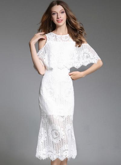Oasap Lace Off Shoulder Short Sleeve Slit Party Dress