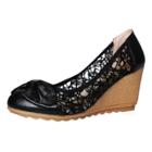 Oasap Full Grain Leather Wedge Heels Lace Bow Pumps