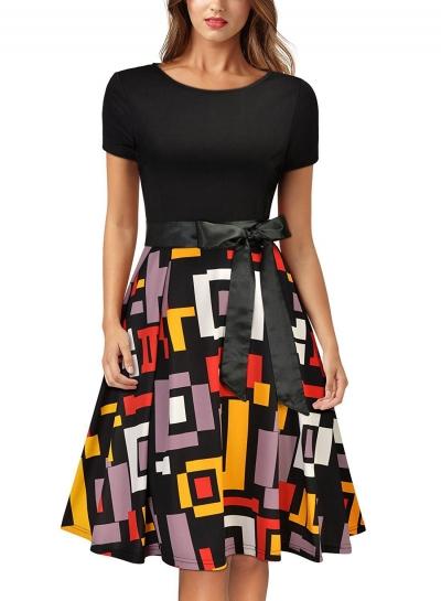 Oasap Vintage Short Sleeve Geo Printed A-line Swing Dress