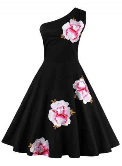 Oasap One Shoulder Floral Embroidery Swing Dress