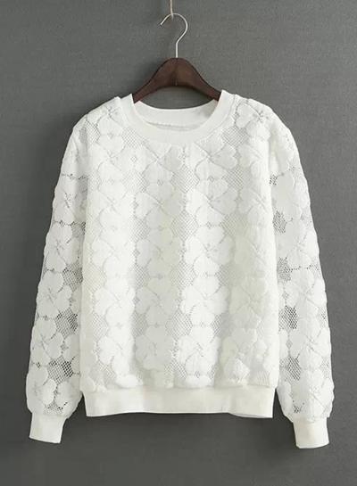 Oasap Round Neck Long Sleeve Floral Embroidery Lace Sweatshirt