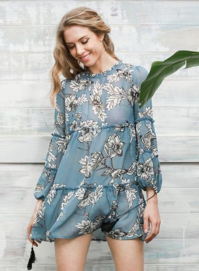 Oasap Casual Long Sleeve Floral Ruffle Mini Dress