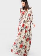 Oasap V Neck Long Sleeve Floral Print Maxi Dress