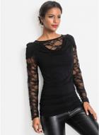 Oasap Fashion Long Sleeve Lace Panel Slim Fit Ruched Tee