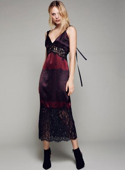 Oasap V Neck Floral Lace Panel Evening Dress