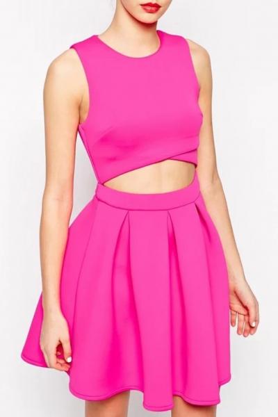 Oasap Hot Pink Cutout Waist Pleated Skater Dress