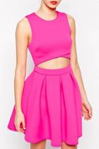 Oasap Hot Pink Cutout Waist Pleated Skater Dress