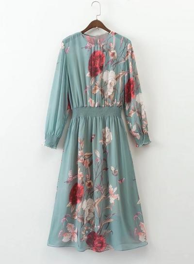 Oasap Long Sleeve Floral Print Elastic Waist Chiffon Dress