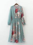 Oasap Long Sleeve Floral Print Elastic Waist Chiffon Dress