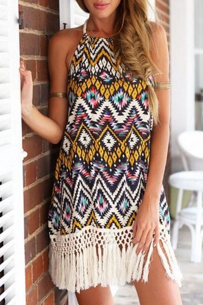 Oasap Vintage Geo Print Open Back Tassels Hem Mini Dress