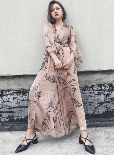 Oasap V Neck Printed Back Hollow Out Jumpsuit