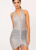 Oasap Halter Neck Sleeveless Backless Bodycon Mesh Mini Dress