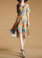 Oasap V Neck Short Sleeve Floral Print Dress