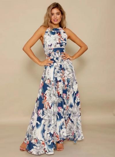 Oasap Halterneck Off Shoulder Backless High Slit Maxi Floral Dress