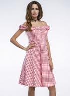 Oasap A-line Off Shoulder Short Sleeve Plaid Dress