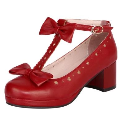 Oasap Bow Hollow Out Block Heels T-strap Shoes