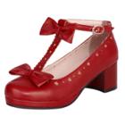 Oasap Bow Hollow Out Block Heels T-strap Shoes