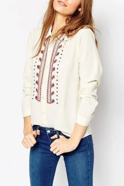 Oasap Vintage Floral Embroidery Print Turn Down Collar Shirt